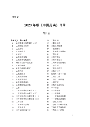 2020年版《中国药典》目录二部目录