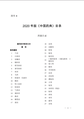 2020年版《中国药典》目录四部目录