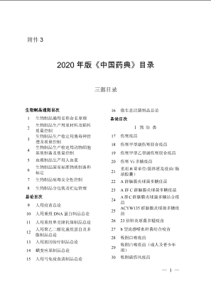 2020年版《中国药典》目录三部目录
